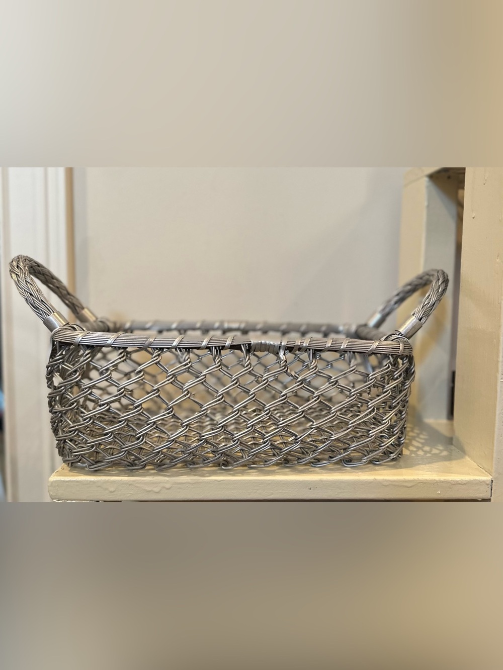Vintage Hand Woven Mixed Metal Basket, Braided Wire Handles, Artisan Metalwork B